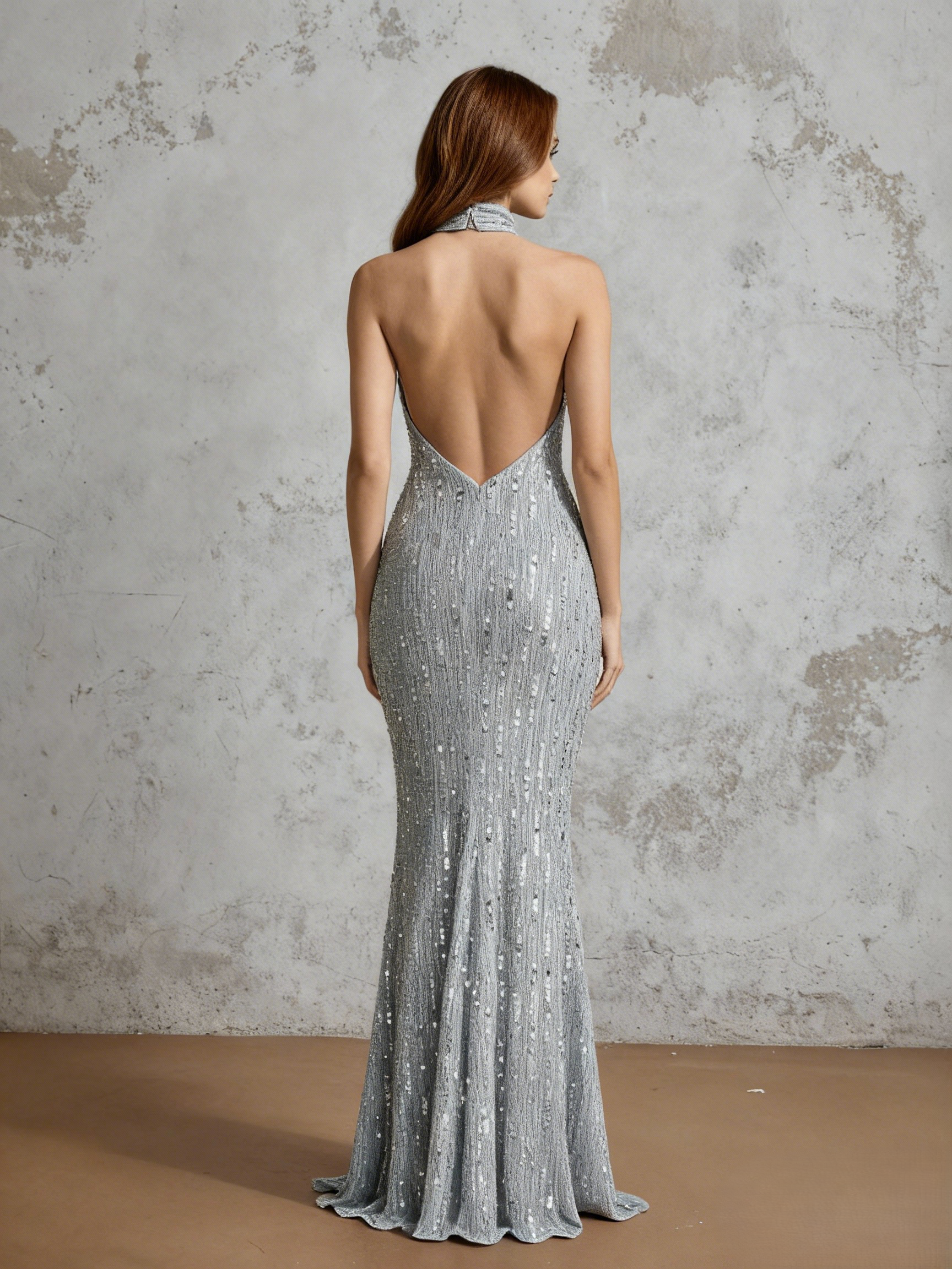 Silver Halter Sequins Mermaid Maxi Evening Dress
