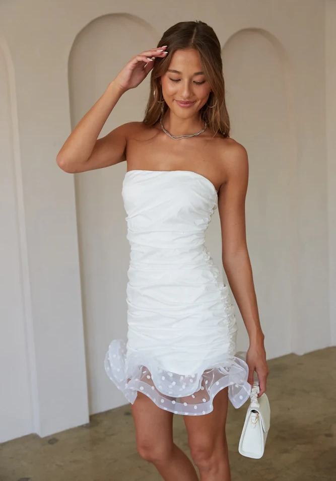Bridal White Ruched Tube Dress with Flounce Hem