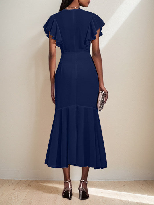 V-Neck Short Sleeves Asymmetrical Length Mermaid Chiffon Dress with Ruffles