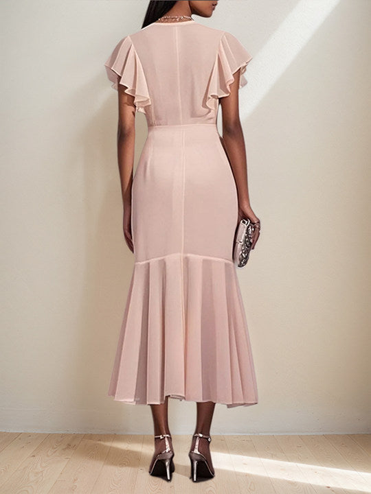 V-Neck Short Sleeves Asymmetrical Length Mermaid Chiffon Dress with Ruffles