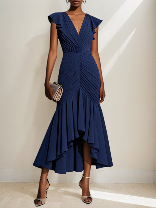V-Neck Short Sleeves Asymmetrical Length Mermaid Chiffon Dress with Ruffles