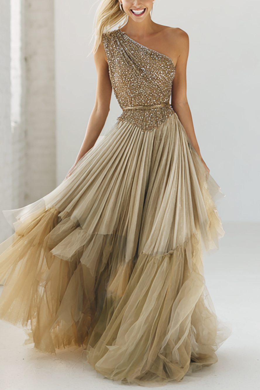 Sparkly Champagne Pleated Tulle One Shoulder Long Formal Dress with Sequins