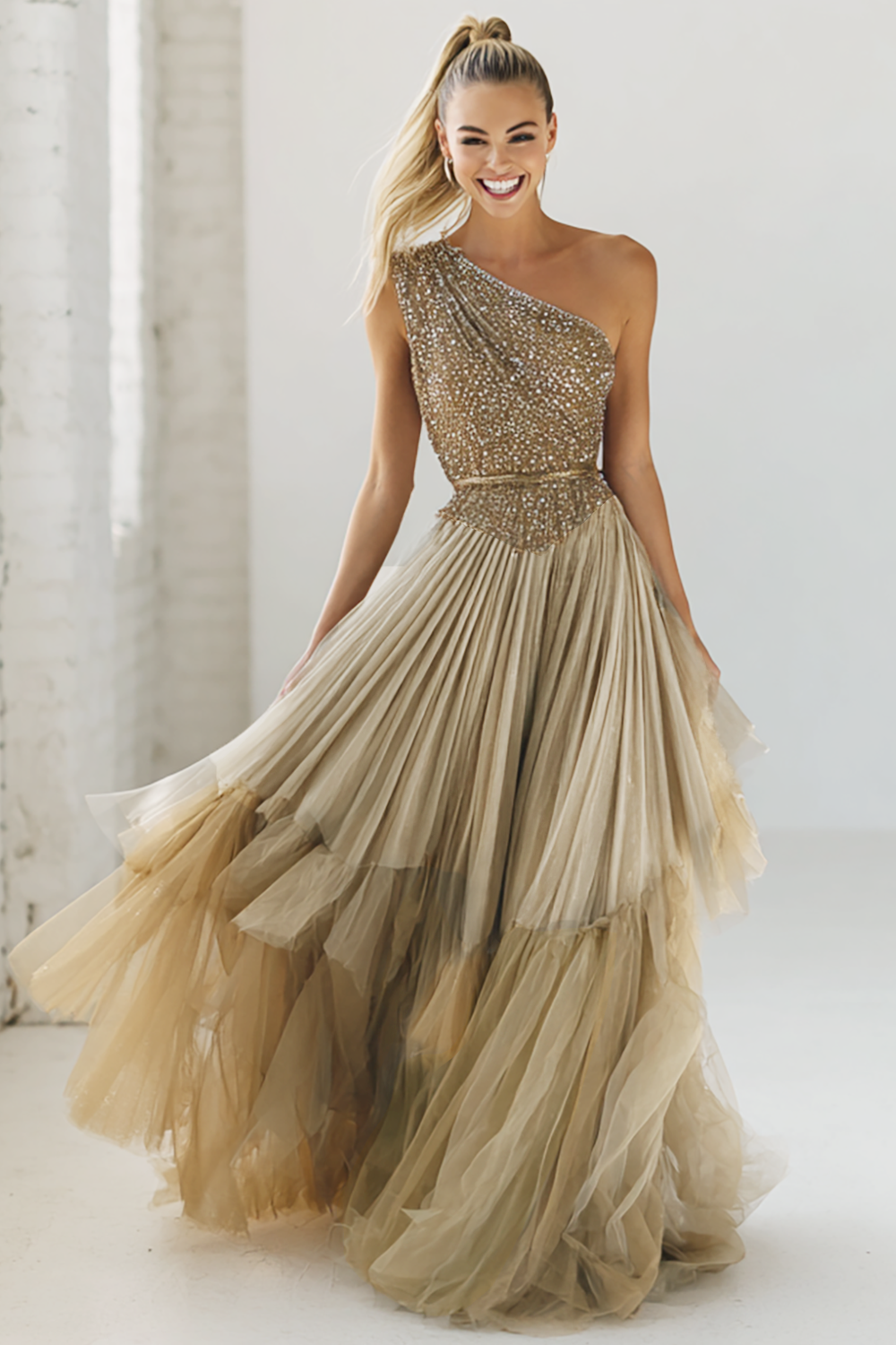Sparkly Champagne Pleated Tulle One Shoulder Long Formal Dress with Sequins