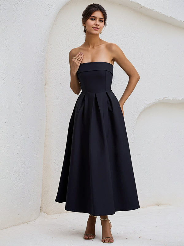 A Line Black Strapless Sleeveless Ruffles Chiffon Dress