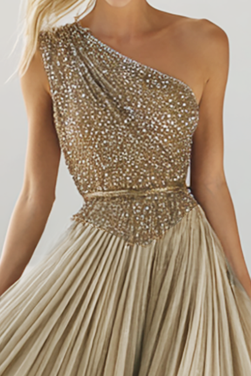Sparkly Champagne Pleated Tulle One Shoulder Long Formal Dress with Sequins