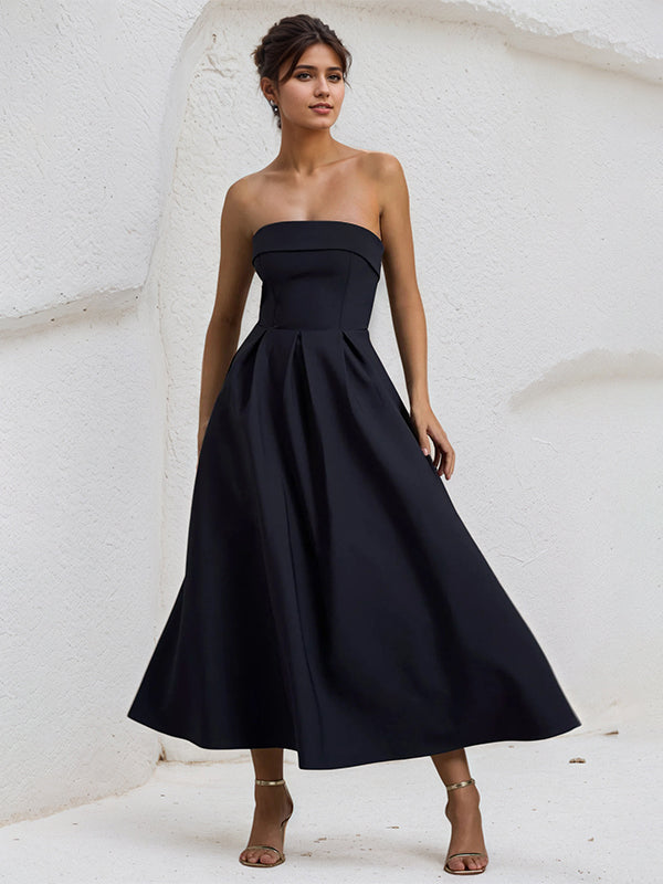 A Line Black Strapless Sleeveless Ruffles Chiffon Dress