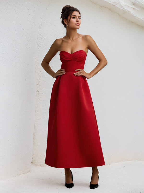A Line Red Satin Sweetheart Ankle Length Dress