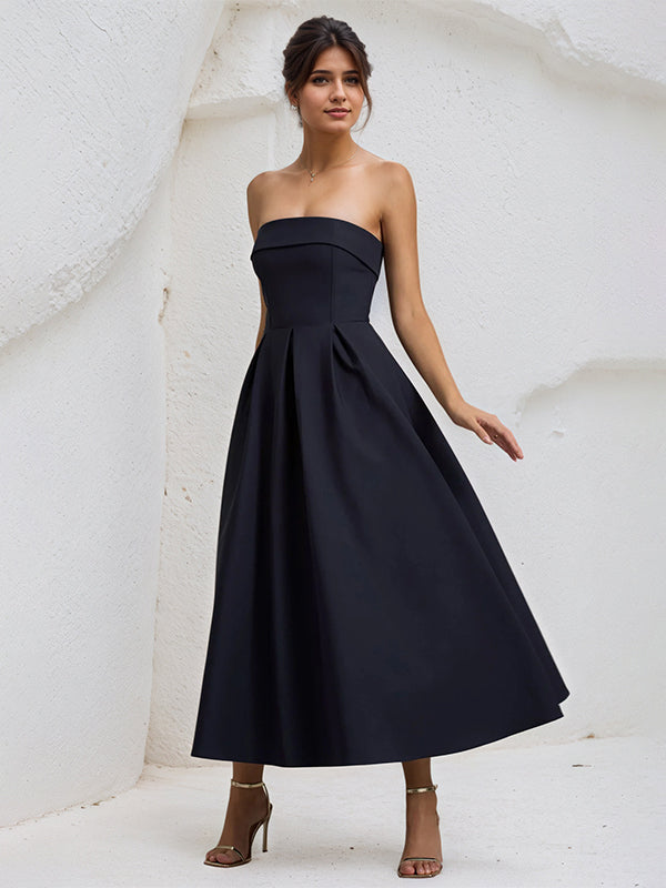 A Line Black Strapless Sleeveless Ruffles Chiffon Dress