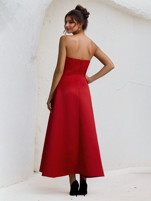 A Line Red Satin Sweetheart Ankle Length Dress