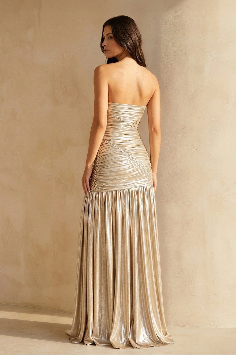 Champagne Metallic Pleated Maxi Dress With Slit