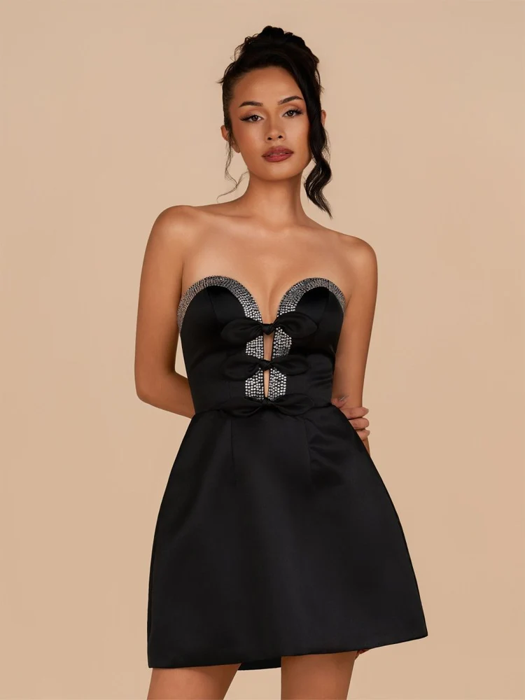 Strapless A-Line Beaded Satin Homecoming Dress With Bow
