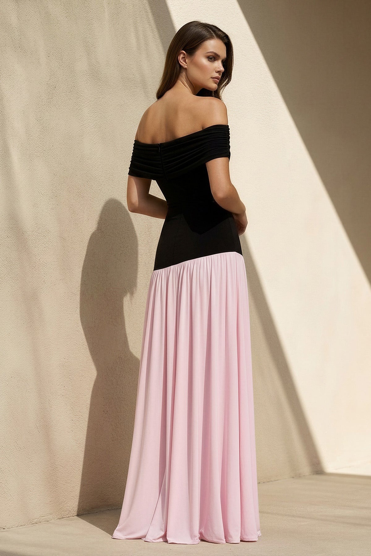 Black and Pink Off The Shoulder Pleated Maxi Dress 