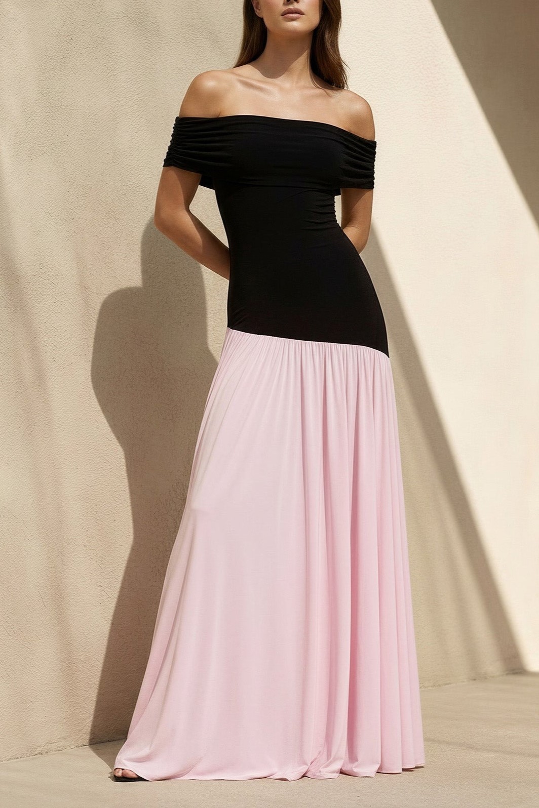 Black and Pink Off The Shoulder Pleated Maxi Dress 