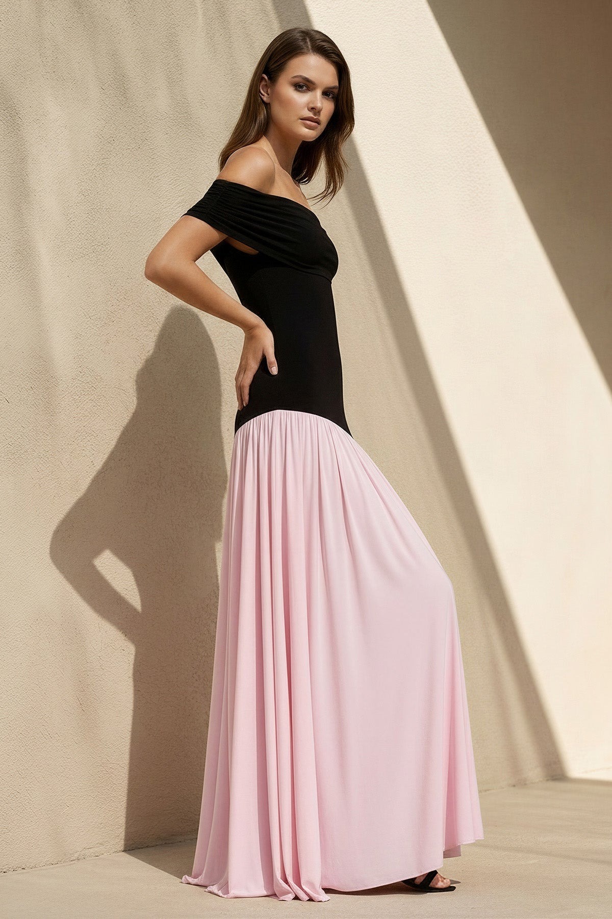 Black and Pink Off The Shoulder Pleated Maxi Dress 