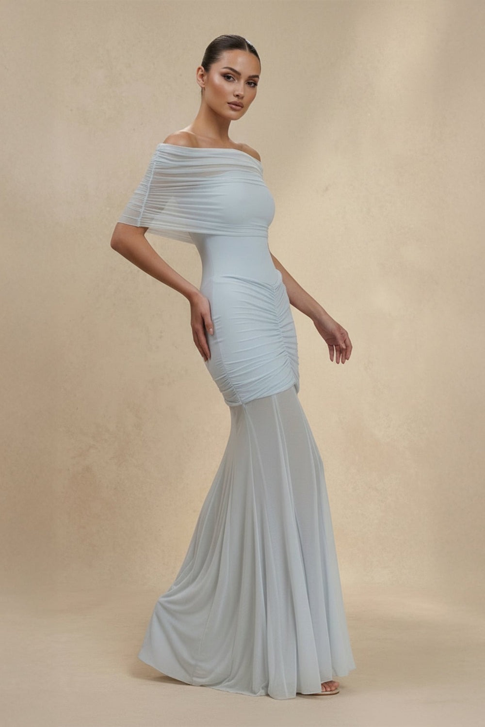 Light Blue Off The Shoulder Ruched Maxi Dress 