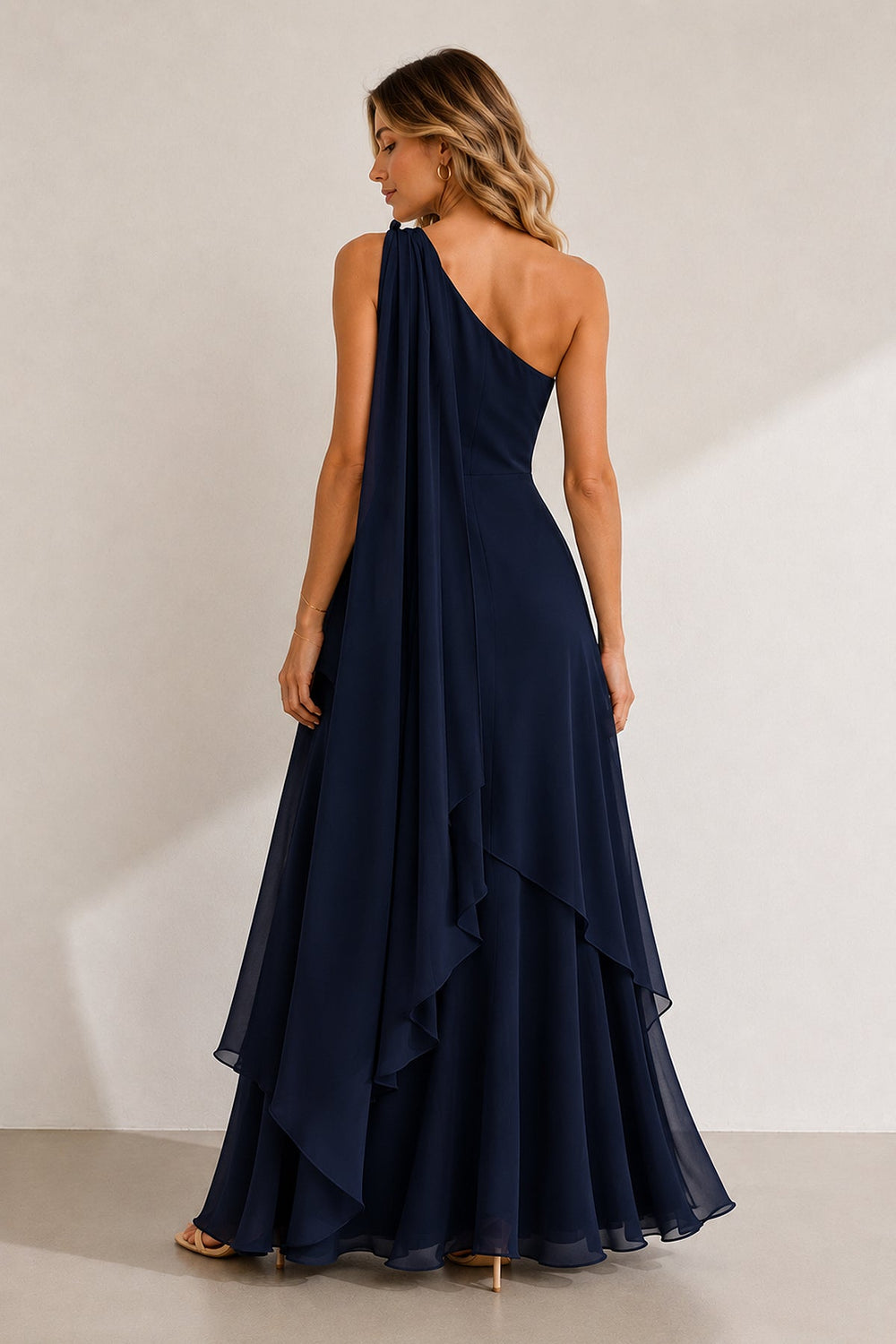 One-Shoulder A-Line Chiffon Ruffled Wedding Guest Dress in Navy