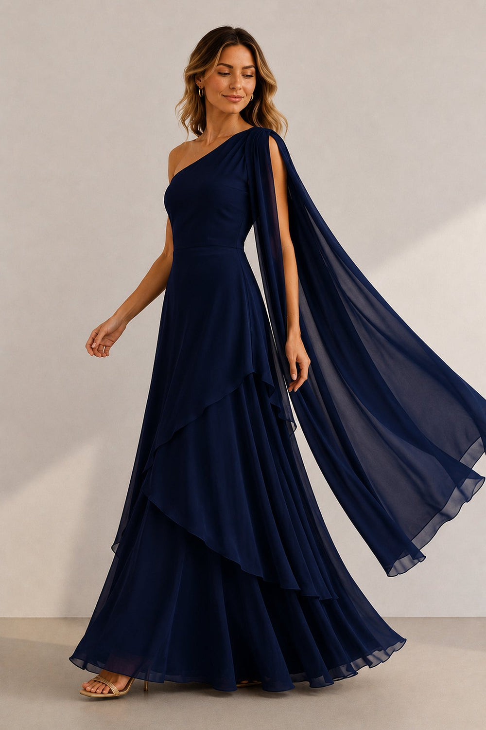 One-Shoulder A-Line Chiffon Ruffled Wedding Guest Dress in Navy