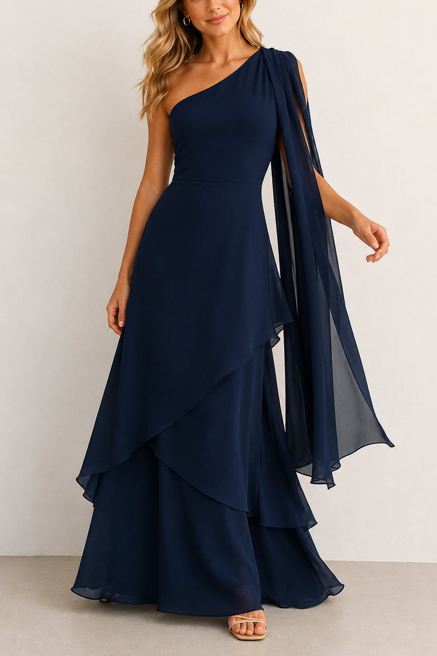 One-Shoulder A-Line Chiffon Ruffled Wedding Guest Dress in Navy