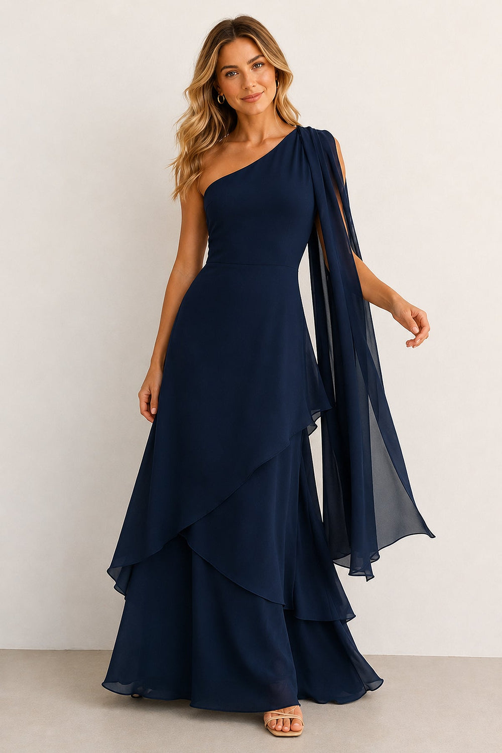One-Shoulder A-Line Chiffon Ruffled Wedding Guest Dress in Navy