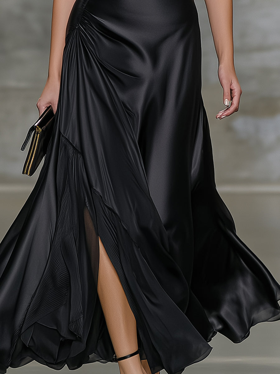 Elegant Black Satin One-shoulder Sleeveless Maxi Dress