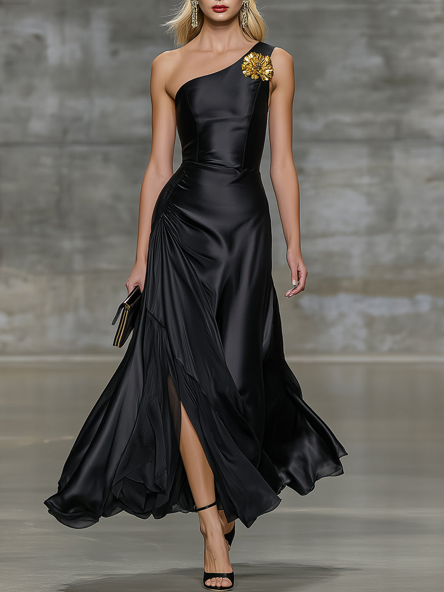 Elegant Black Satin One-shoulder Sleeveless Maxi Dress