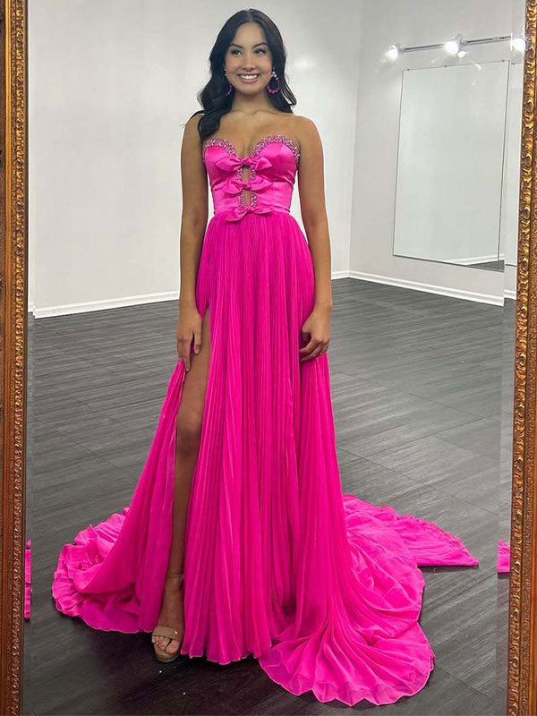  A-Line Strapless Bows Long Prom Dress with Slit