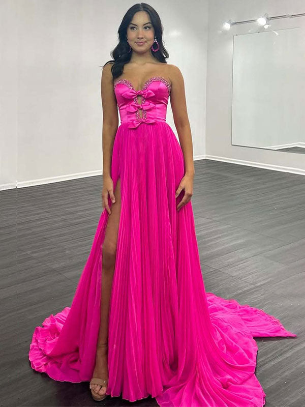  A-Line Strapless Bows Long Prom Dress with Slit