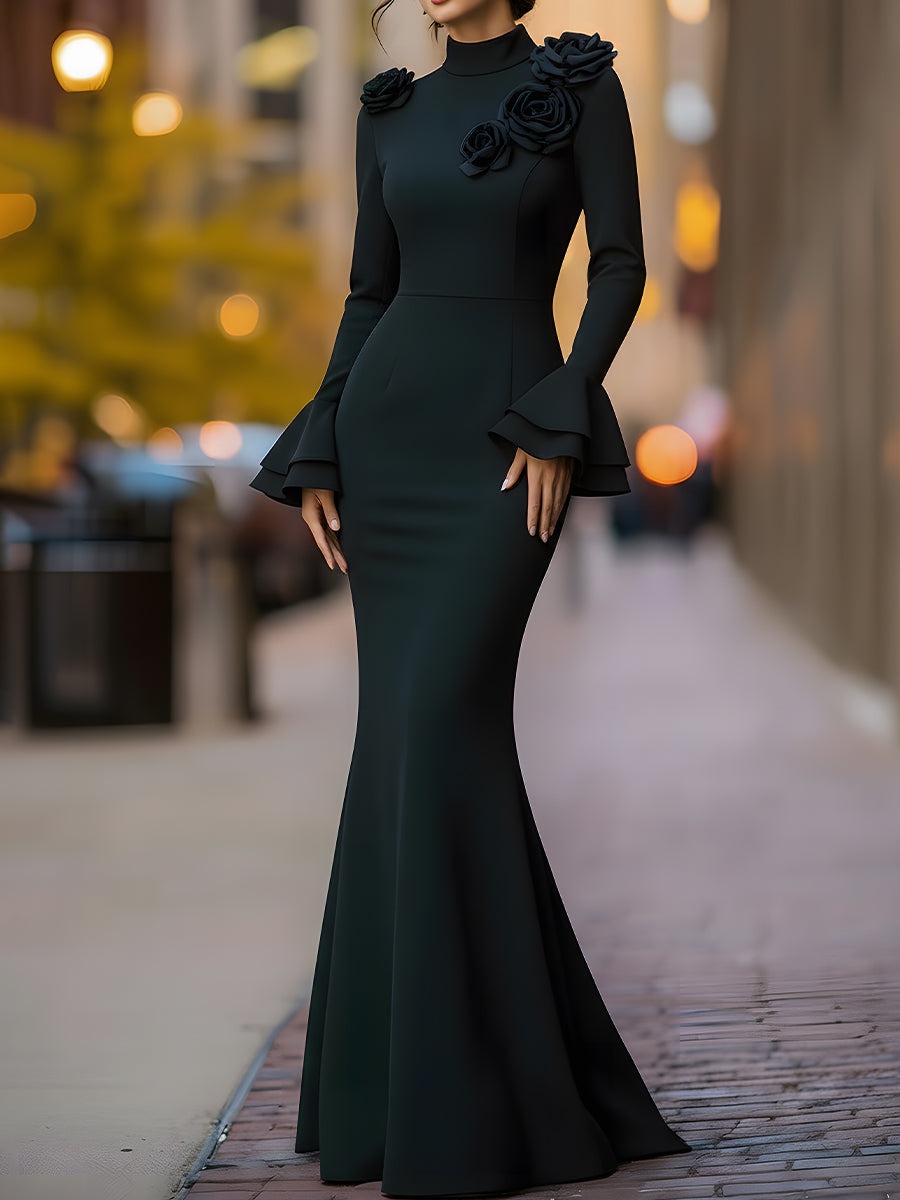 High-Neck Mermaid Gown With 3D Floral Accents