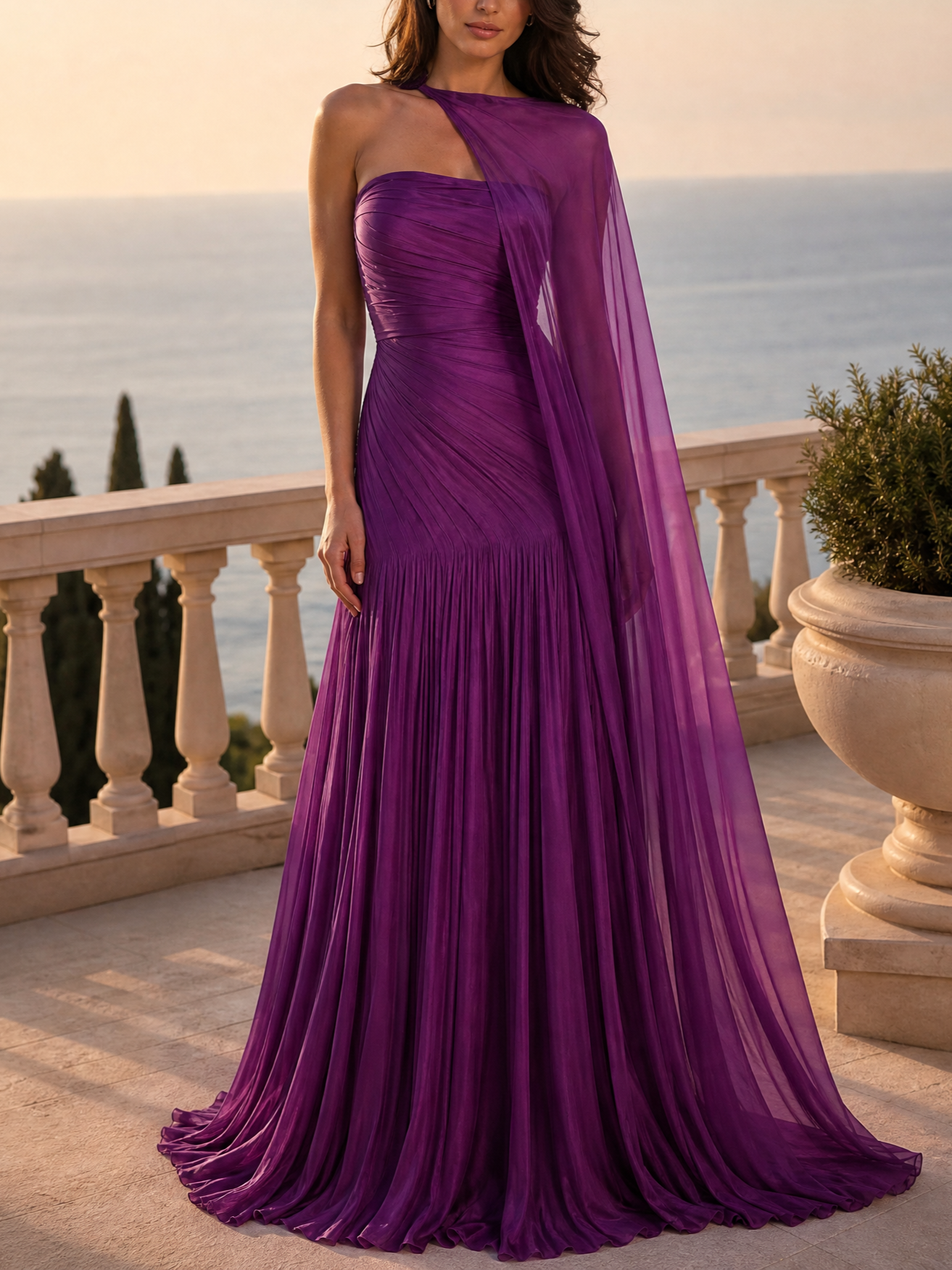 Violet Pleated Chiffon Strapless One Shoulder Cape Train Mermaid Evening Gown