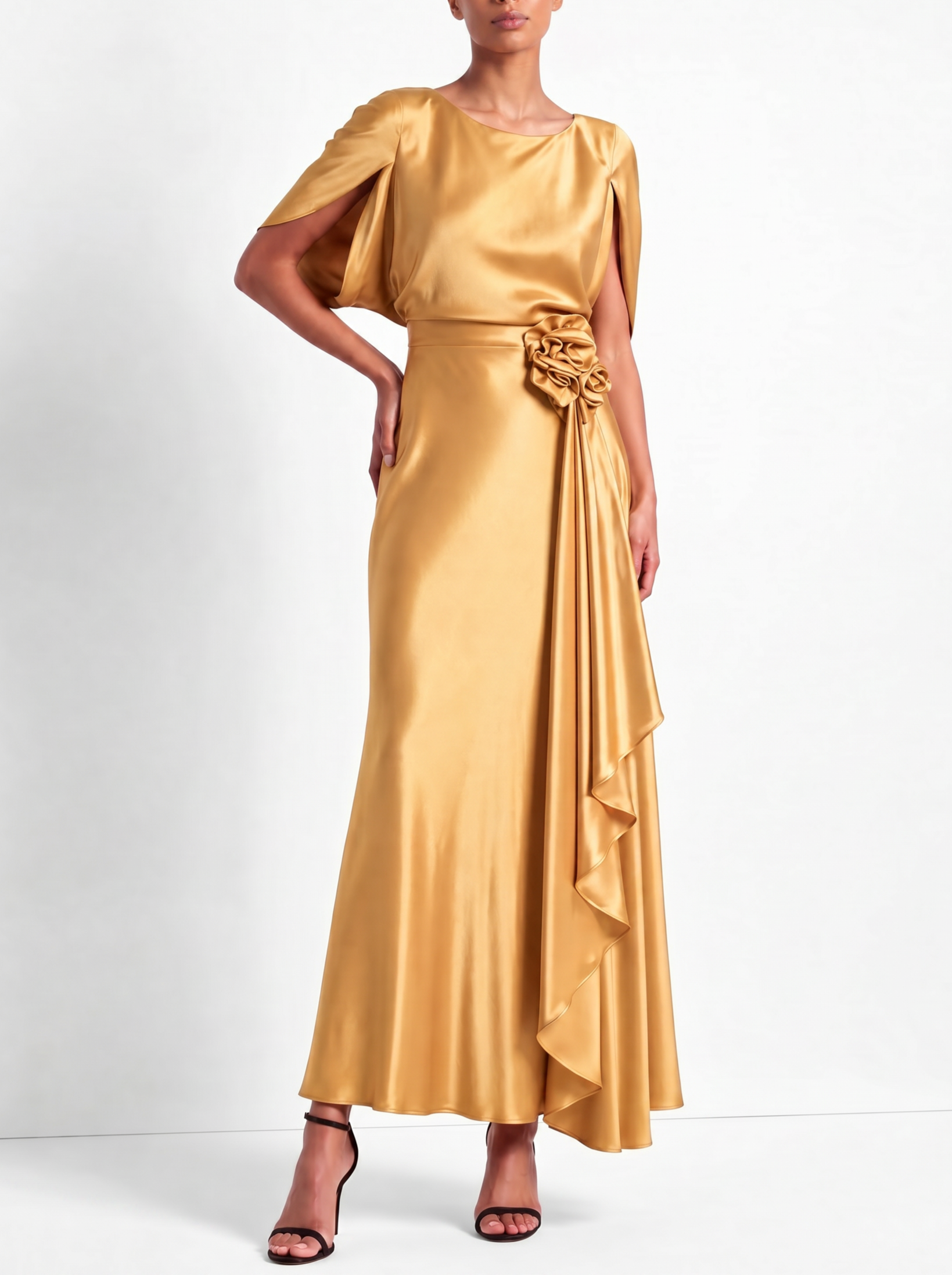 Golden Satin Split Cape Sleeve Midi Gown with 3D Floral Ruffle Draped Skirt