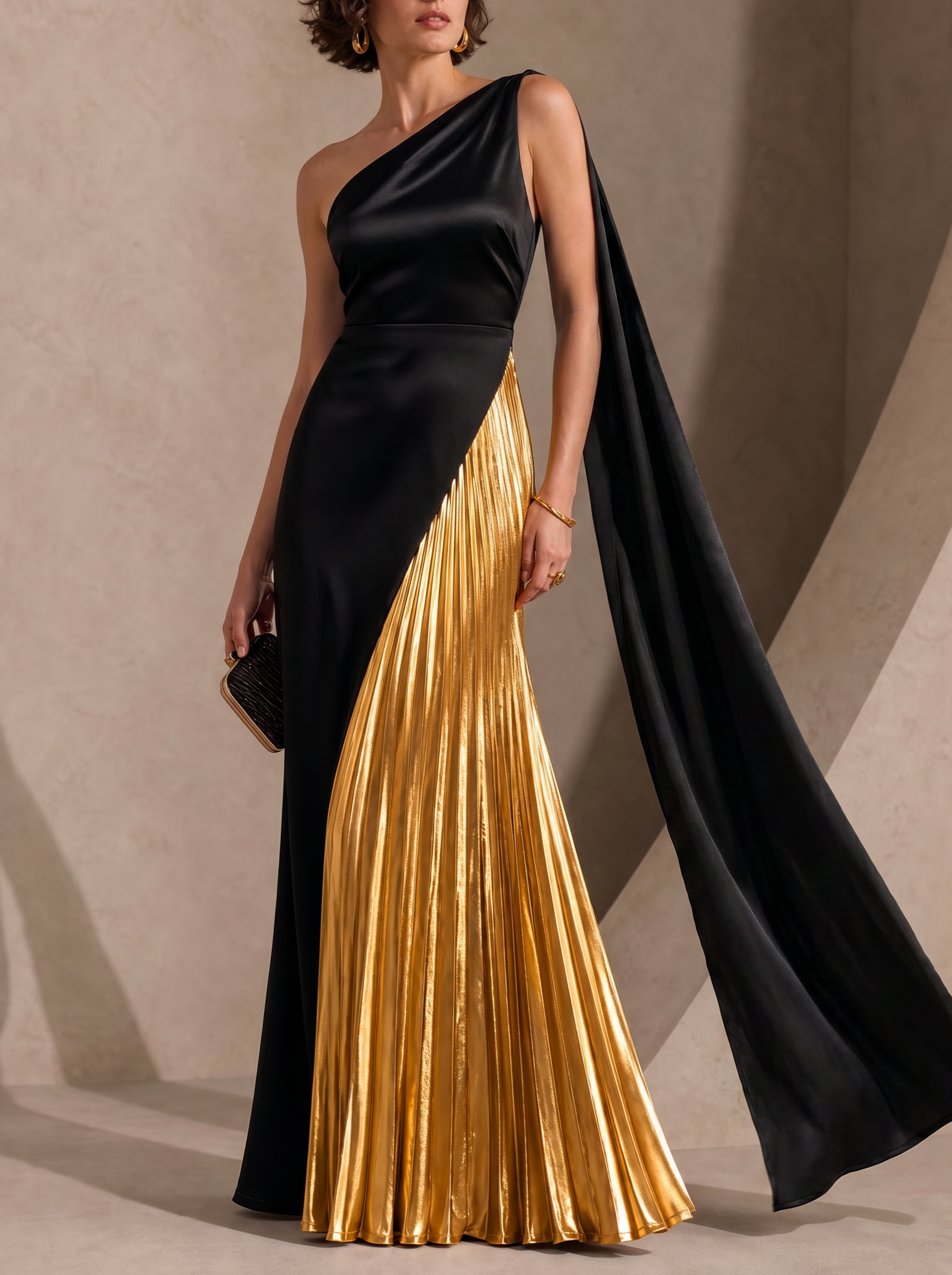 Black Gold Color Block One Shoulder Cape Sash Metallic Pleated Mermaid Evening Gown