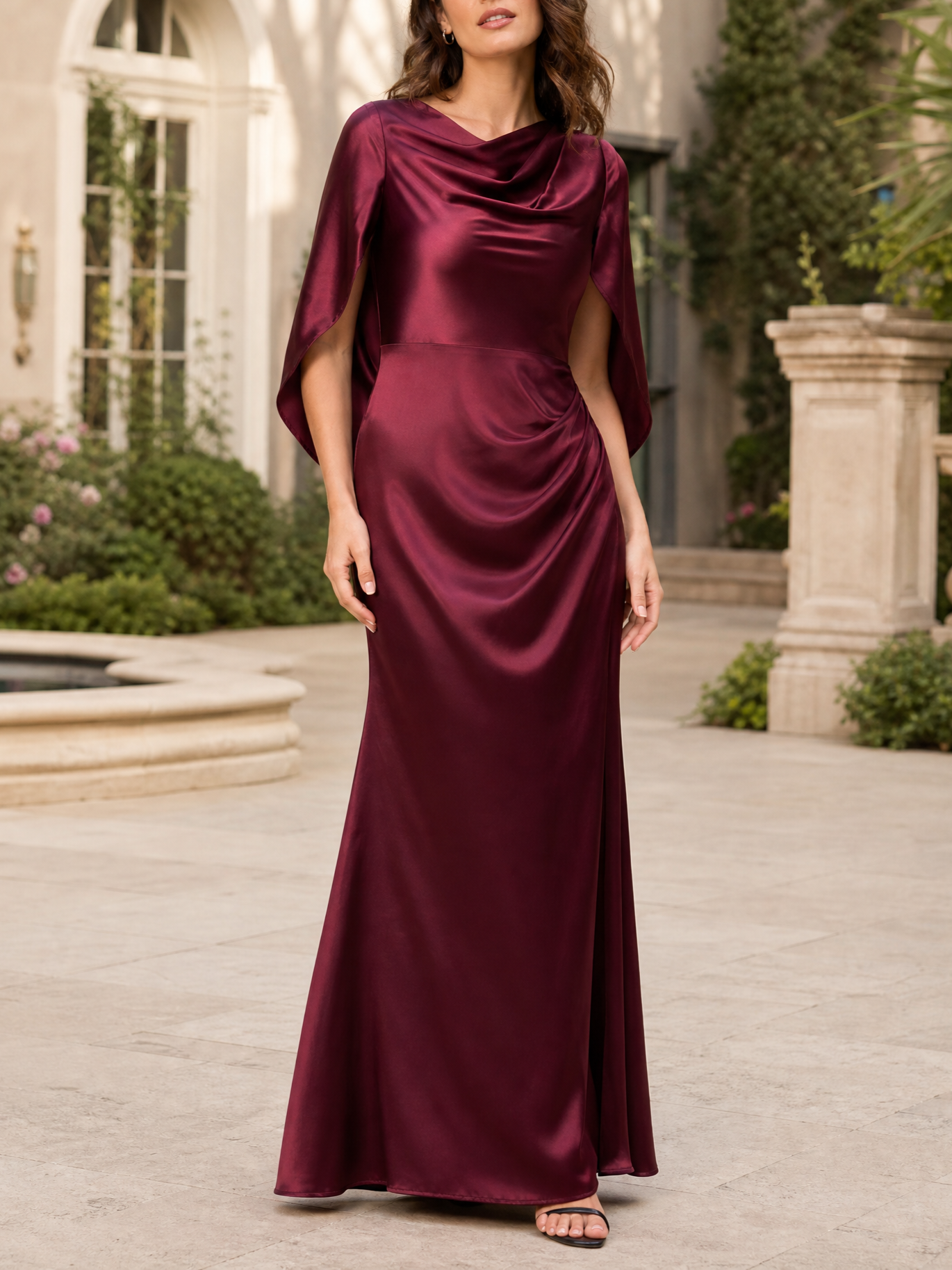 Burgundy Satin Cowl Neck Cape Sleeve Side Ruched Mermaid Evening Gown
