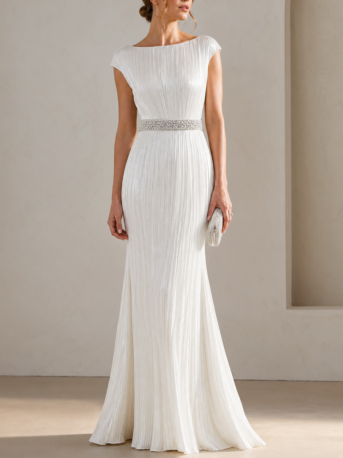 Ivory Pleated Cap Sleeve Crystal Beaded Waist Mermaid Mother of Bride Evening Gown