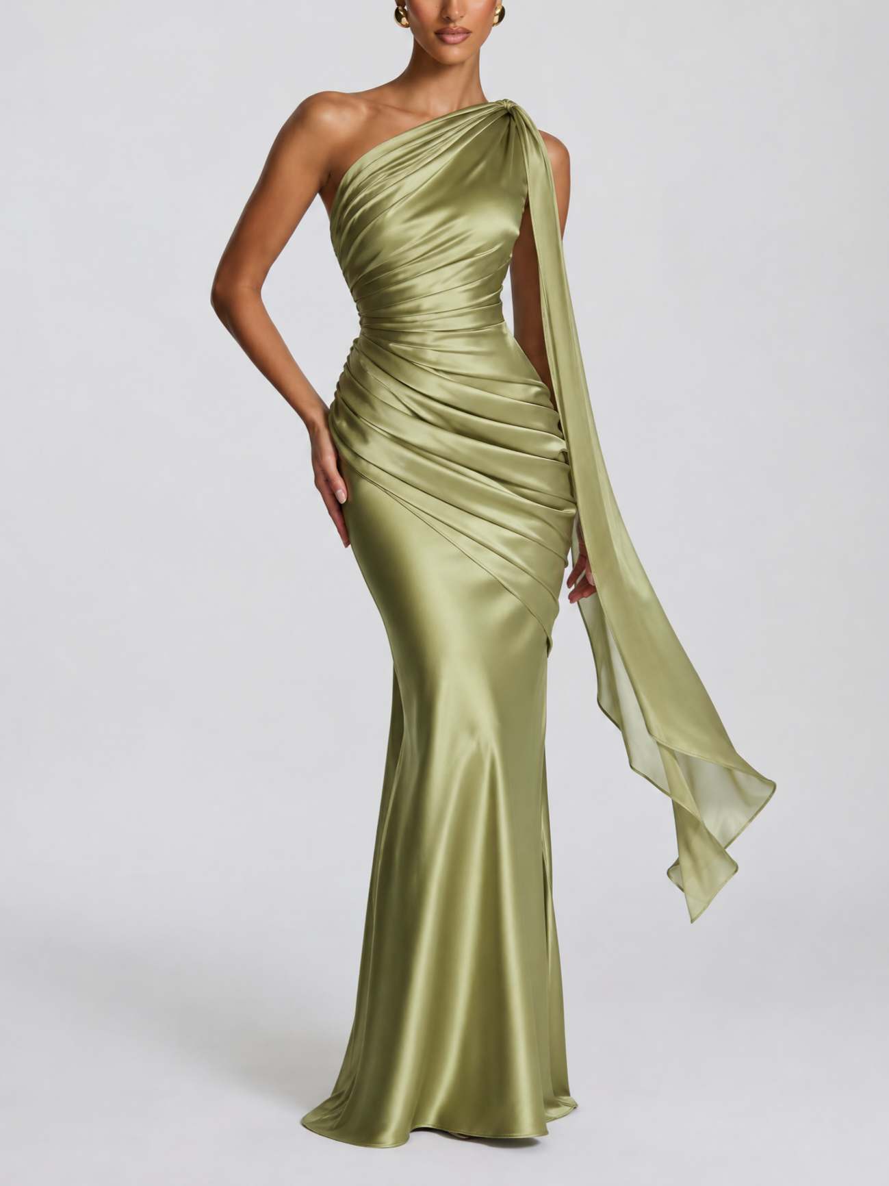 Sage Green Satin One Shoulder Tie Drape Ruched Mermaid Evening Gown