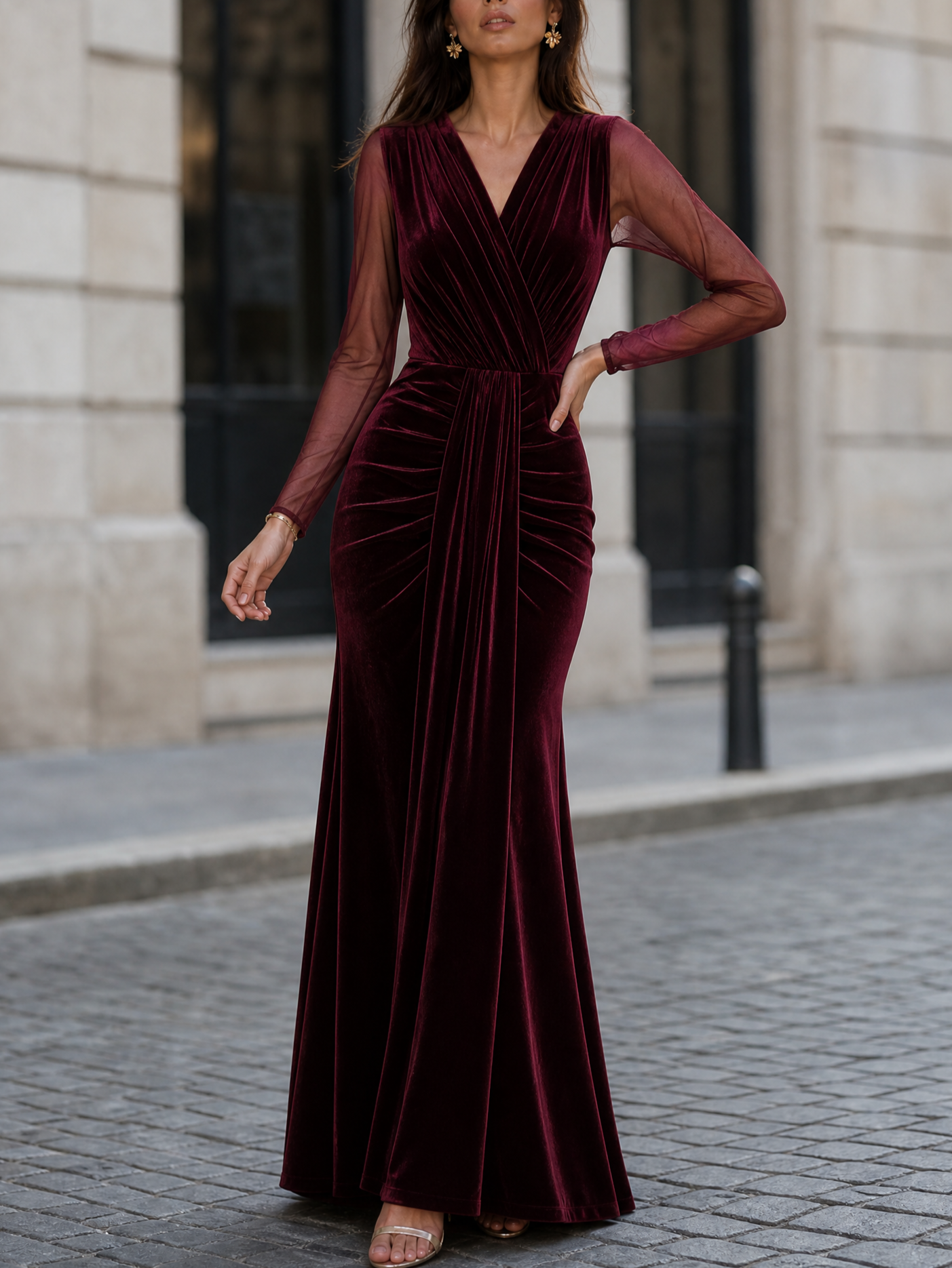 Burgundy Velvet Deep V Mesh Long Sleeve Ruched Mermaid Evening Gown