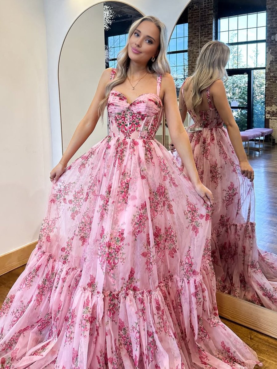 Pink A Line Sweetheart Floral Printed Chiffon Long Prom Dress with Bow