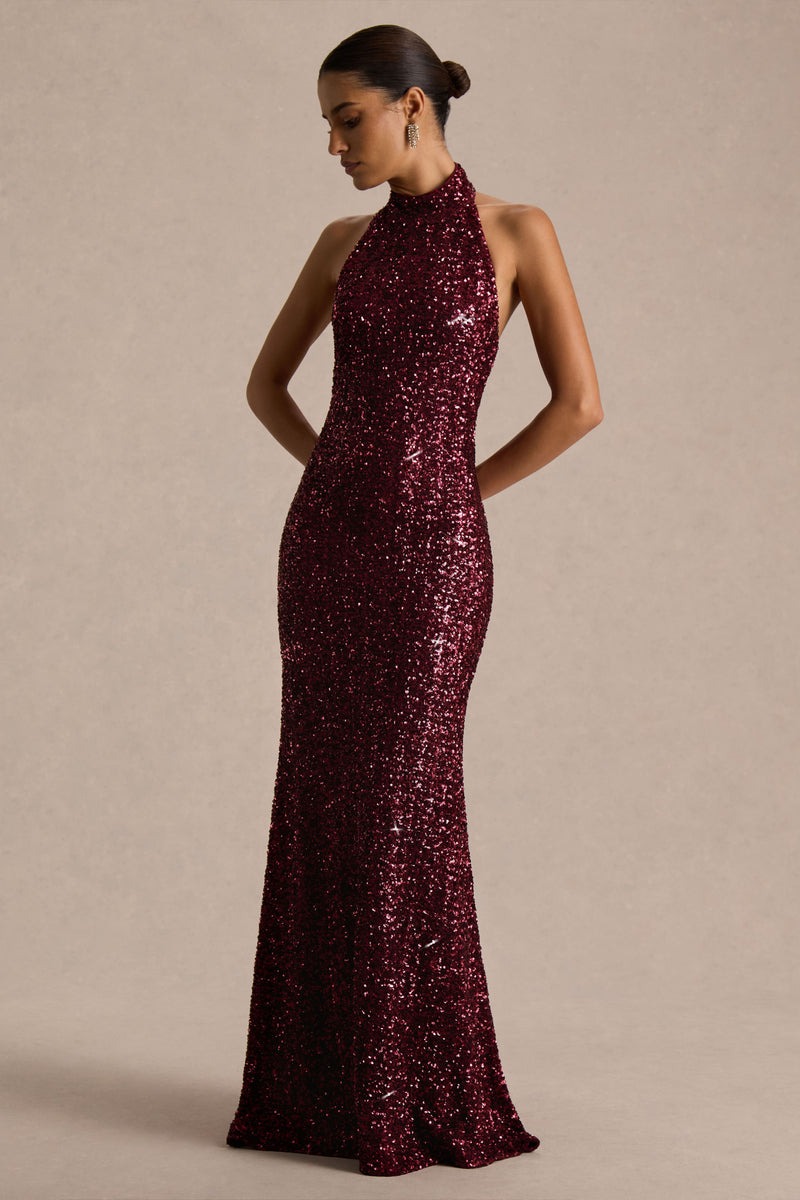 Burgundy Sequin High-Neck Maxi Dress