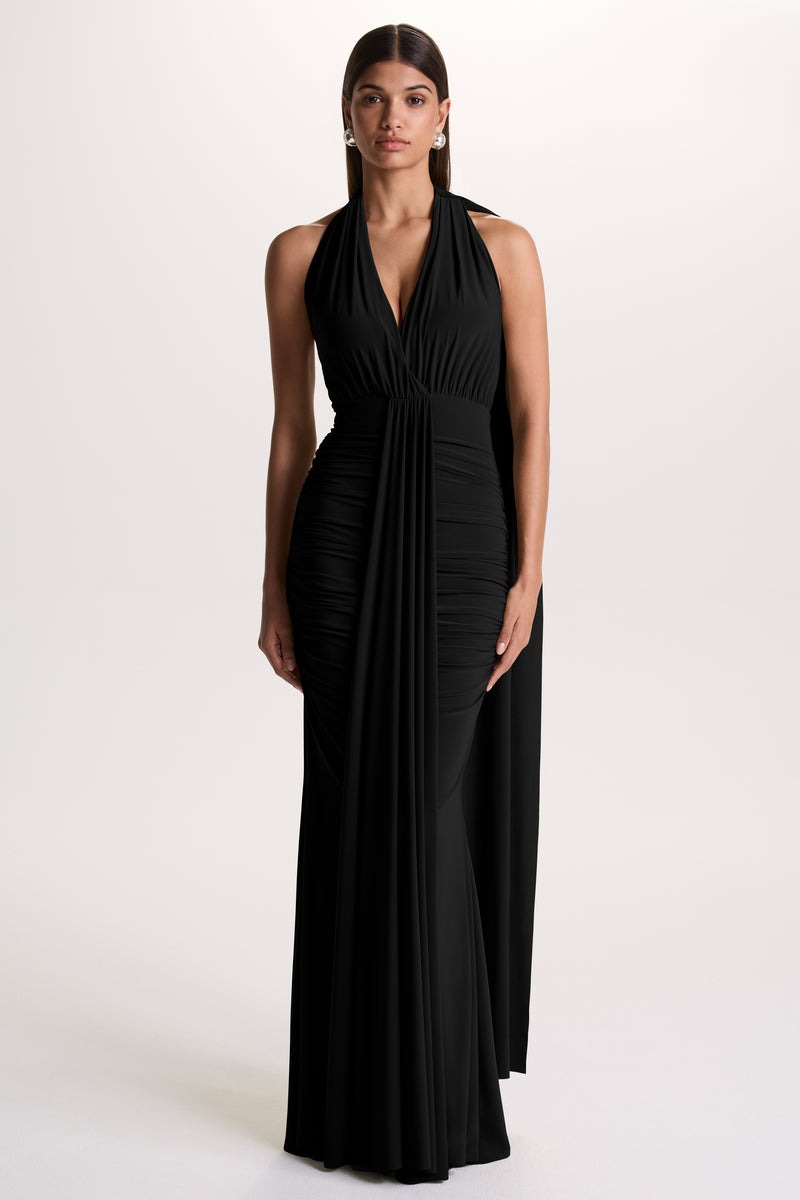 Black Halter-Neck Maxi Dress With Open-Back