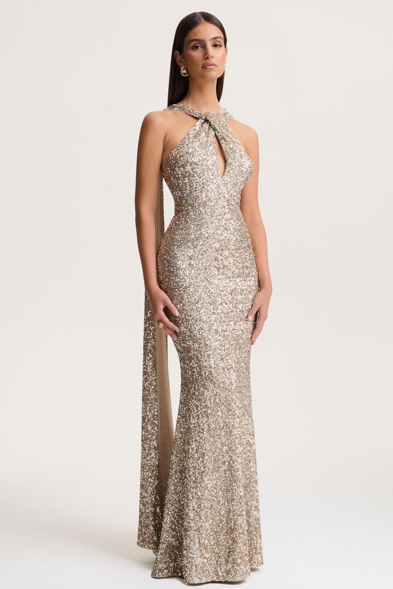 Gold Sequin Halter-Neck Maxi Dress