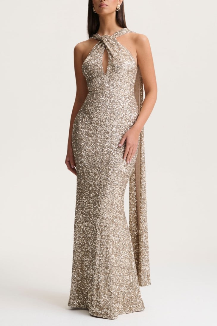Gold Sequin Halter-Neck Maxi Dress