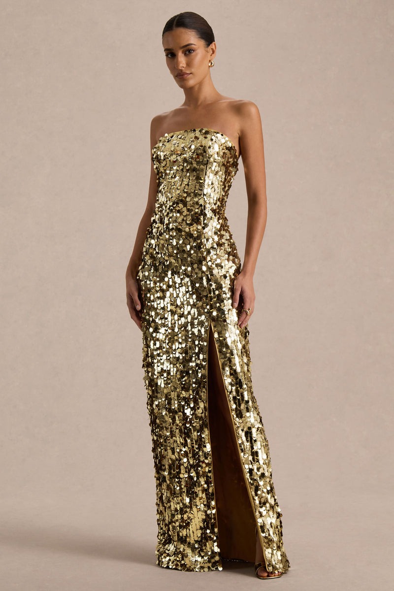Gold Sequin Bandeau Maxi Dress With Front High-Split