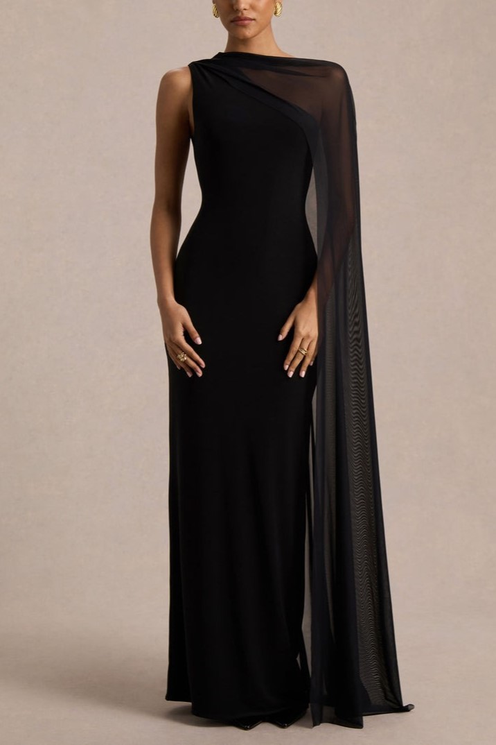 Black Asymmetric-Neck Maxi Dress With Sheer Cape-Sleeve