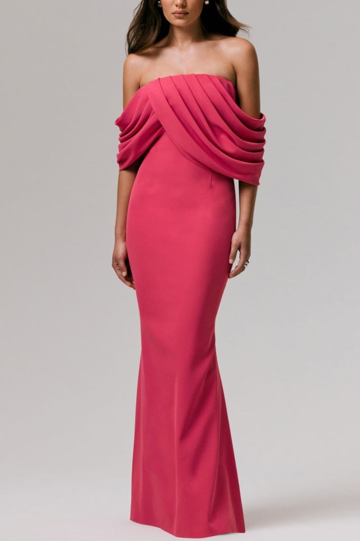 Hot Pink Draped Bardot Maxi Dress