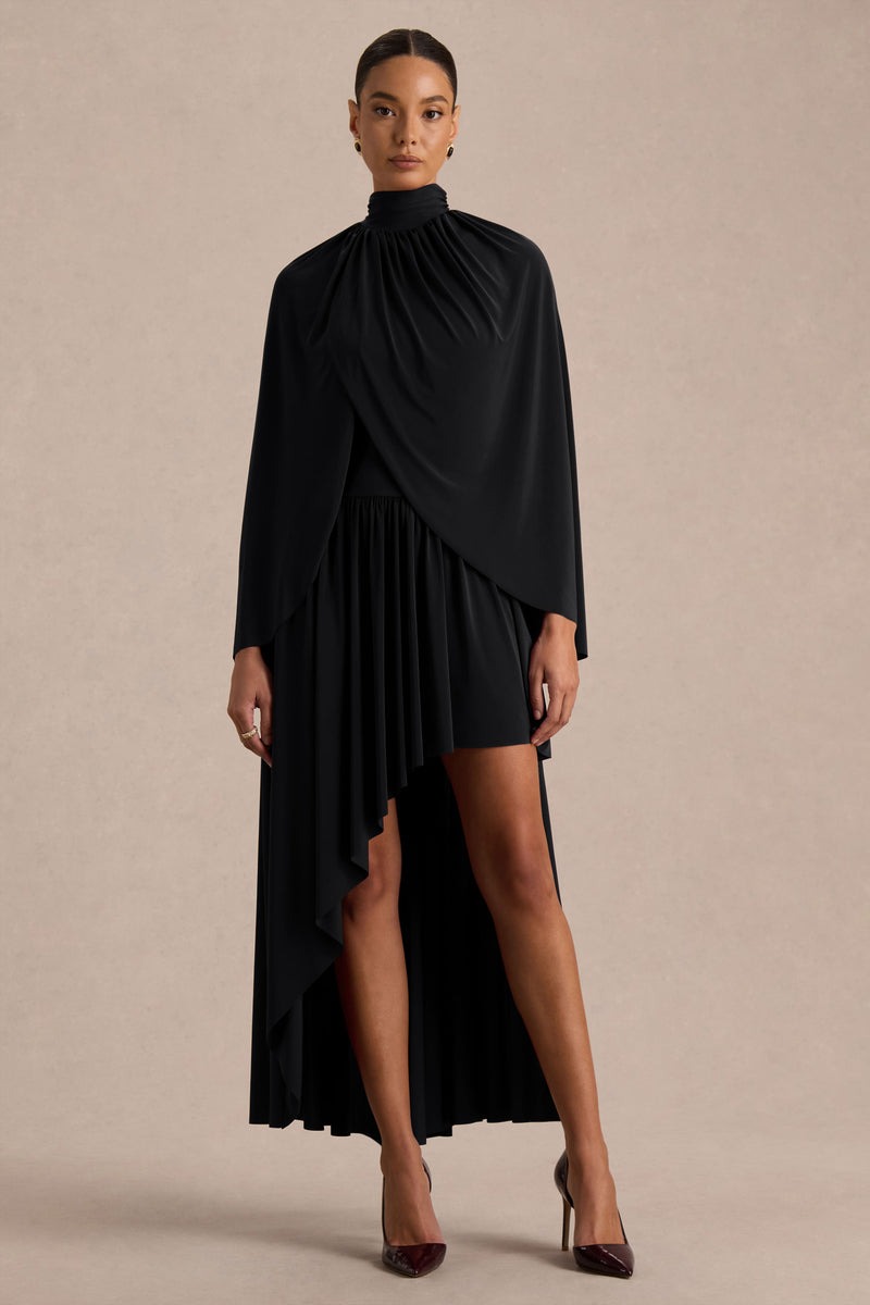Black High-Neck Maxi Dress With Cape-Sleeves