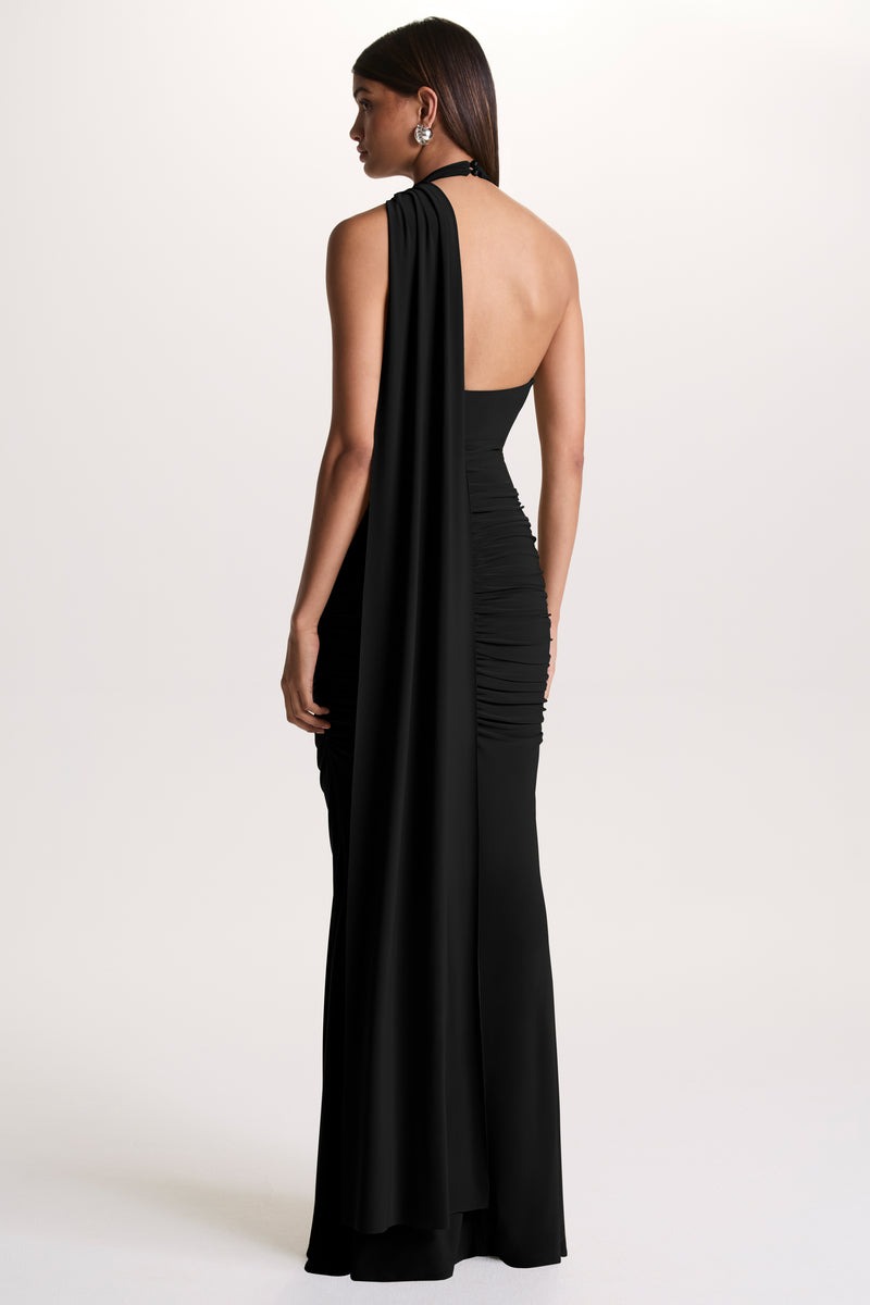 Black Halter-Neck Maxi Dress With Open-Back