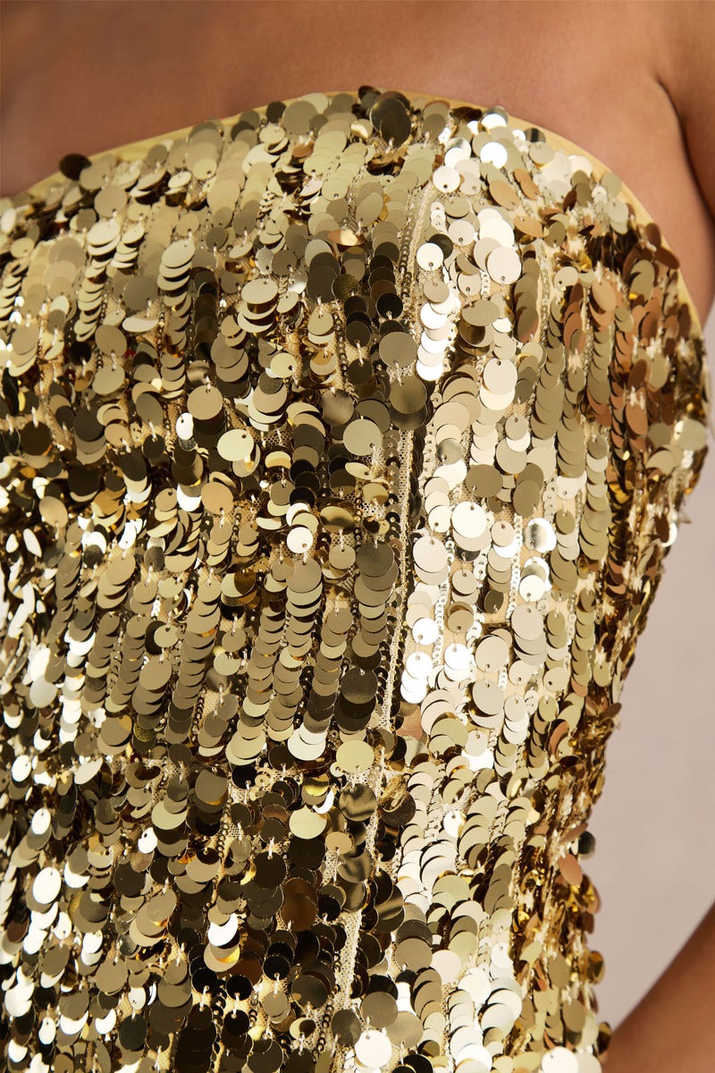 Gold Sequin Bandeau Maxi Dress With Front High-Split