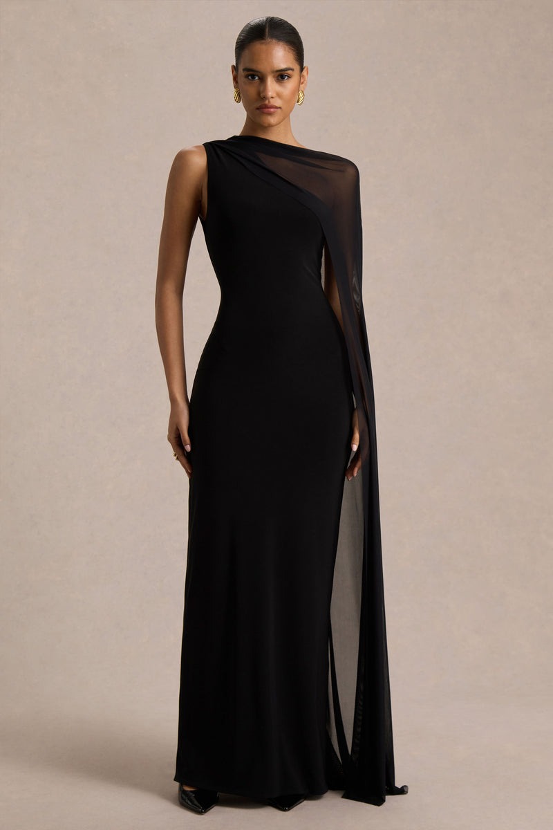 Black Asymmetric-Neck Maxi Dress With Sheer Cape-Sleeve