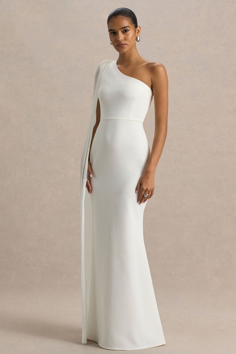 White Asymmetric-Neck Maxi Dress With Cape Sleeve Detail