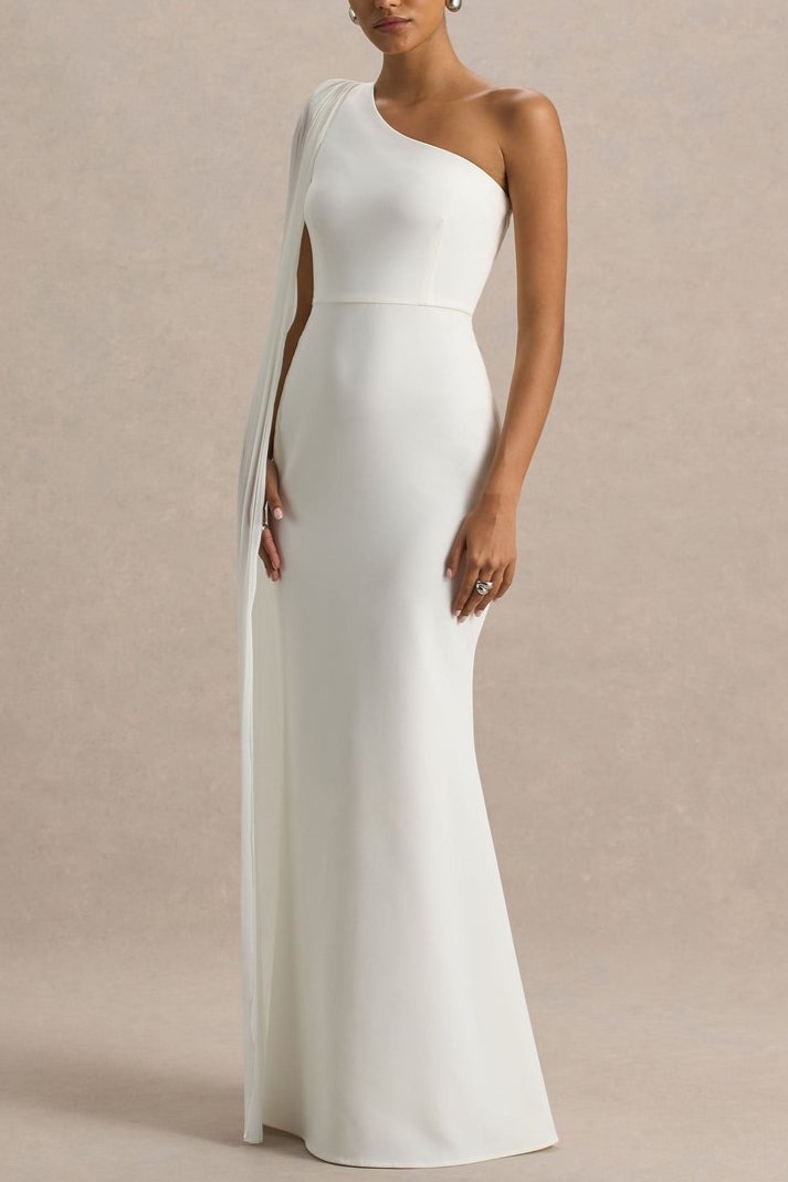 White Asymmetric-Neck Maxi Dress With Cape Sleeve Detail