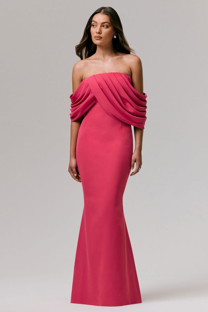 Hot Pink Draped Bardot Maxi Dress